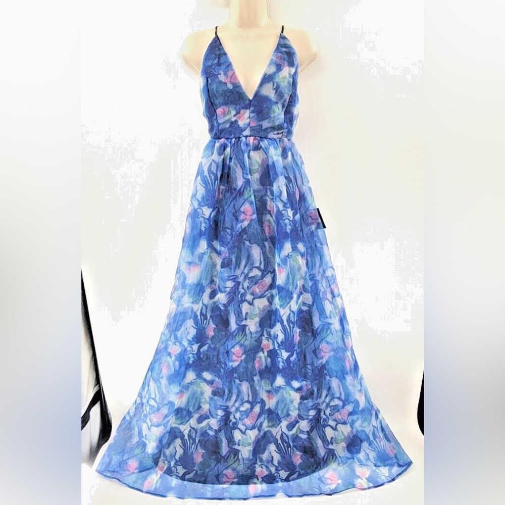 Lulu's Blue Floral V-Neck Maxi Dress with Pink Accents